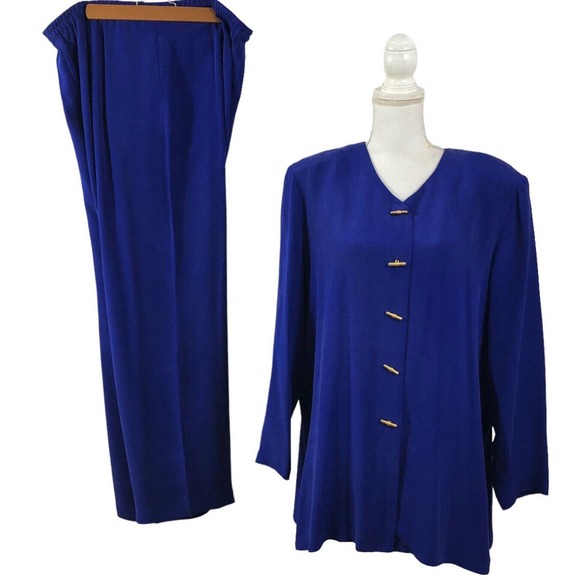 SHOMI By Miller Shop 2 Pc Skirt Tunic Set Silk Size 16 Cobalt Blue Gold Buttons - Picture 6 of 8